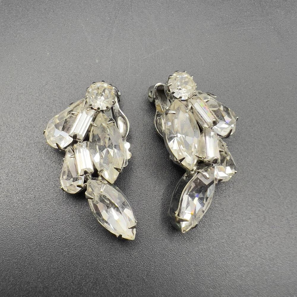 WEISS Clip On Earrings Clear Rhinestone Dangle Marquise Baguette Cut Pave Set